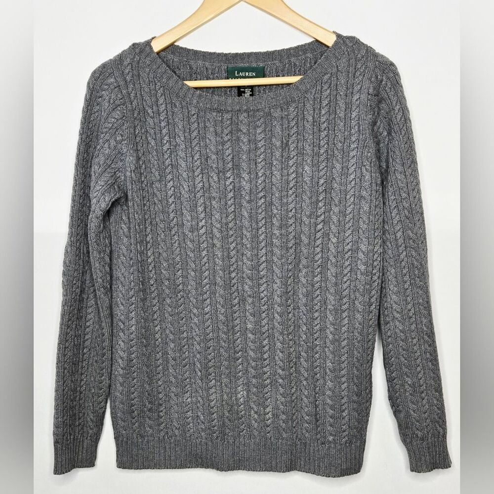 Women's Lauren by Ralph Lauren gray cable knit sweater Sz Small Classic Preppy